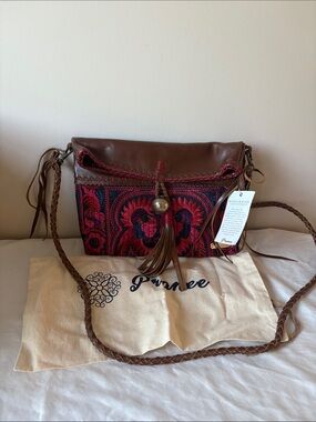 Pranee Red & Brown Embroidered Leather Crossbody Bag